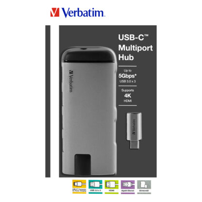 Verbatim USB-C Multiport Hub (1 x USB-C, 3 x USB 3.0, 1 x HDMI 4K, 1 x SD, 1 x microSD, 1 x Gigabit Ethernet) | 49142