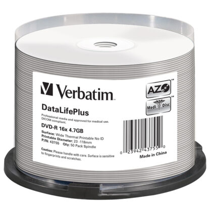 Verbatim DataLifePlus DVD-R 4.7GB 16x Full Face Thermal Printable Cakebox 50 (Medical) - 43755