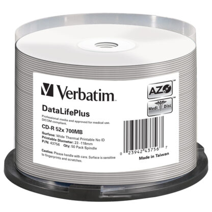 Verbatim DataLifePlus AZO CD-R 700MB 52x Full Face Thermal Printable Cakebox 50 (Medical) - 43756